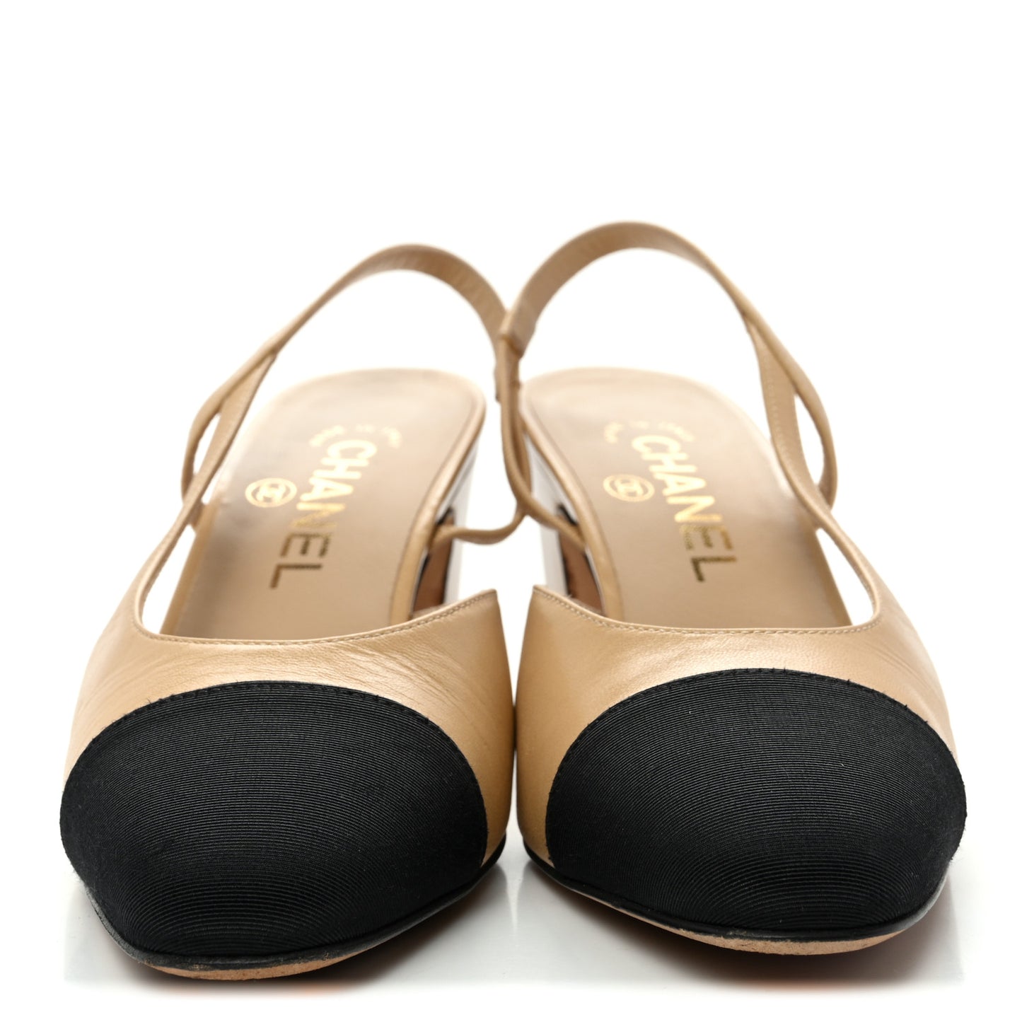 Goatskin Grosgrain Cap Toe CC Slingback Pumps 36 Beige Black
