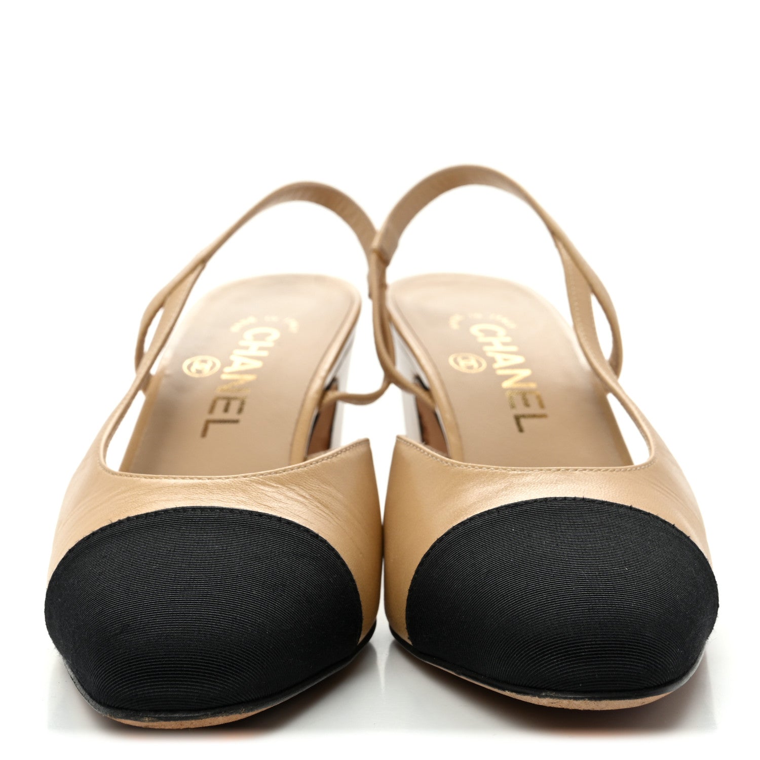 Chanel Goatskin Grosgrain Cap Toe CC Slingback Pumps 36 Beige Black 3 of 10