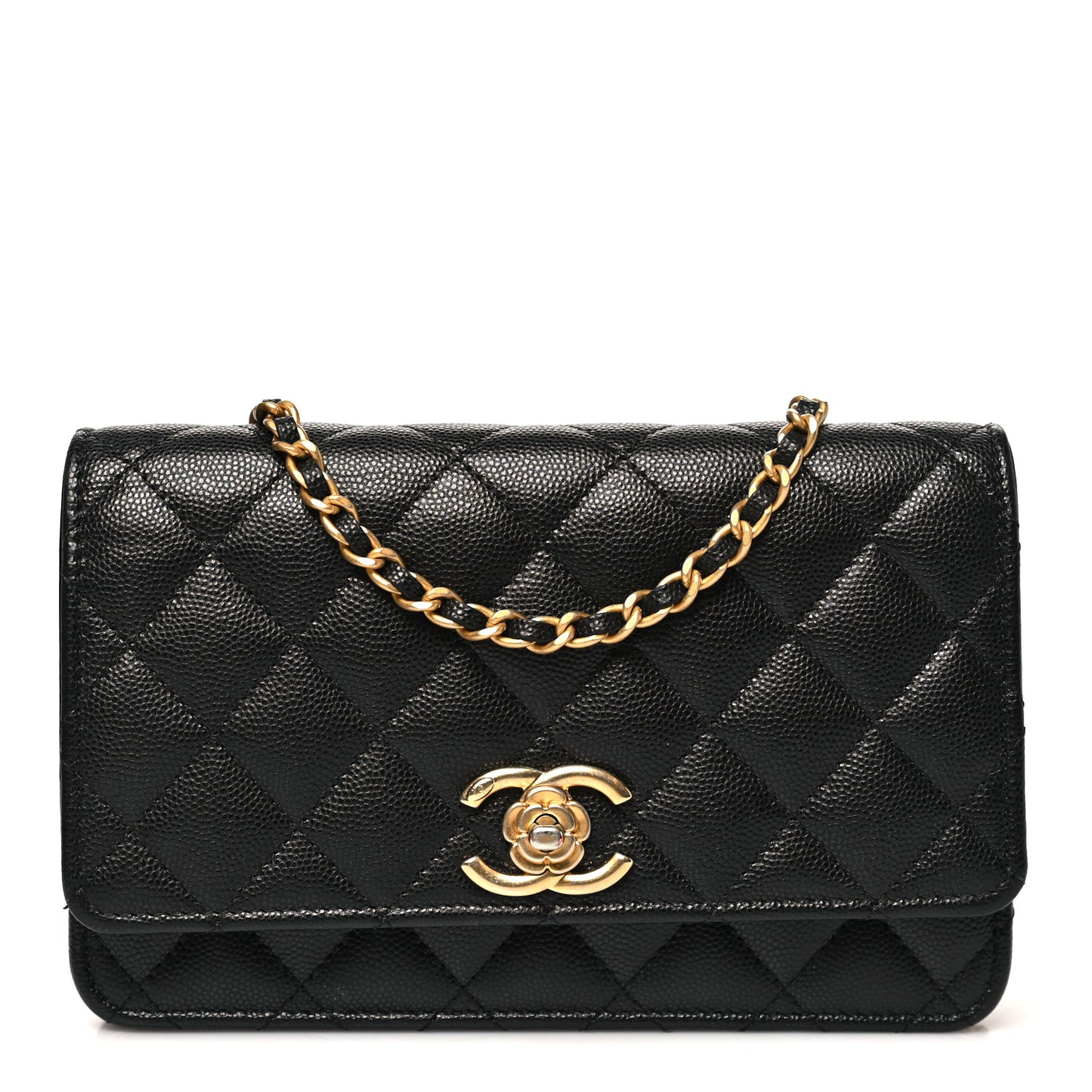 Caviar Quilted Camellia Wallet On Chain WOC Black