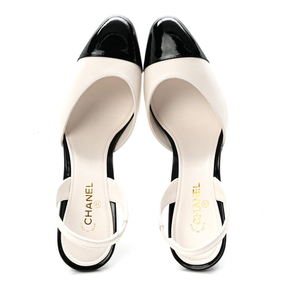 Chanel Lambskin Patent Calfskin Cap Toe CC Apple Slingback Pumps 38 White Black 2 of 10