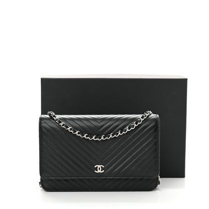 Chanel Caviar Chevron Quilted Wallet On Chain WOC Black 15 of 15