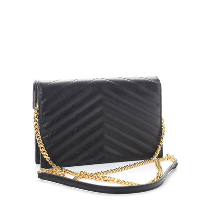 Saint Laurent Grain De Poudre Matelasse Chevron Monogram Envelope Chain Wallet Black 3 of 9