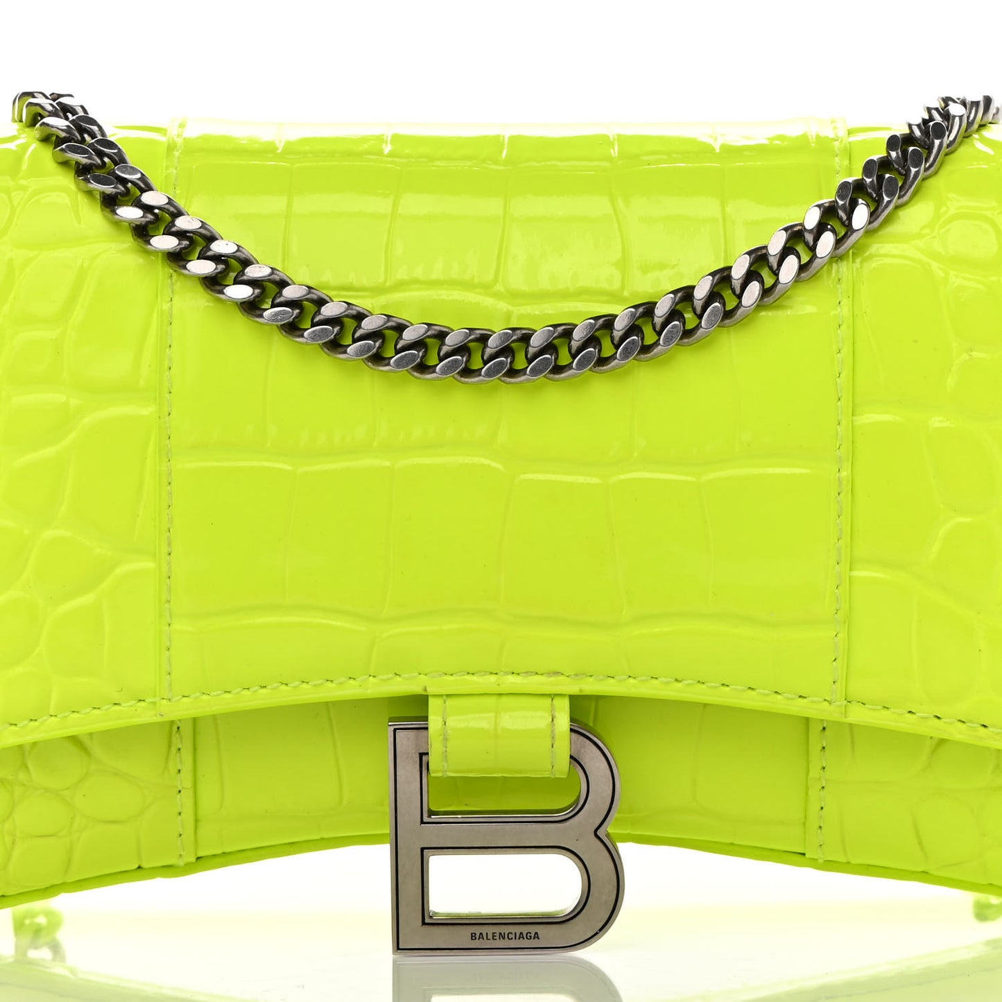 Shiny Calfskin Crocodile Embossed Hourglass Chain Bag Fluo Yellow