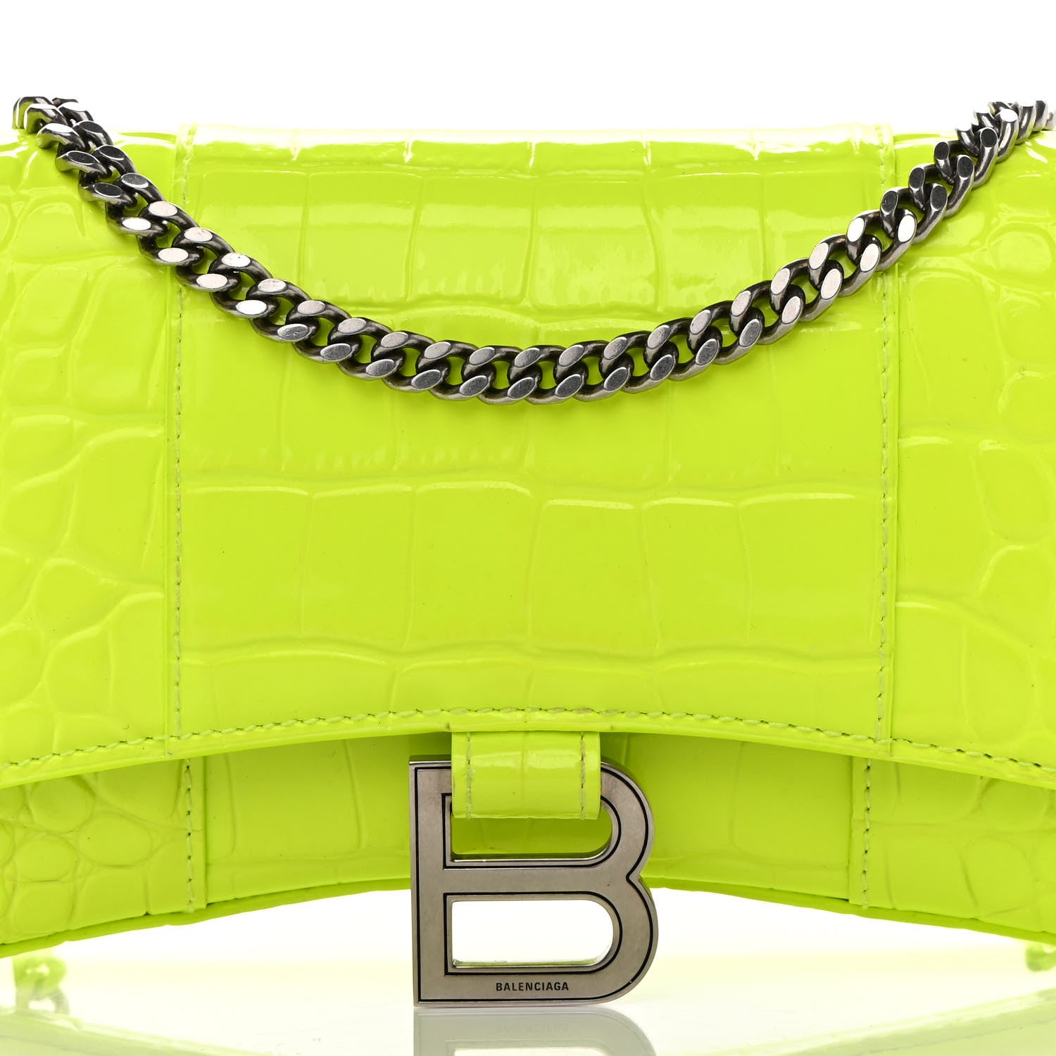 Balenciaga Shiny Calfskin Crocodile Embossed Hourglass Chain Bag Fluo Yellow 7 of 13