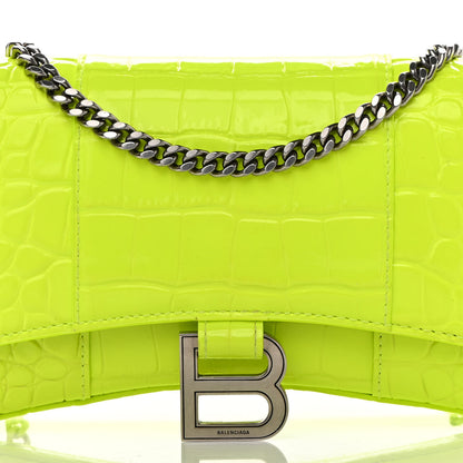 Balenciaga Shiny Calfskin Crocodile Embossed Hourglass Chain Bag Fluo Yellow 7 of 13