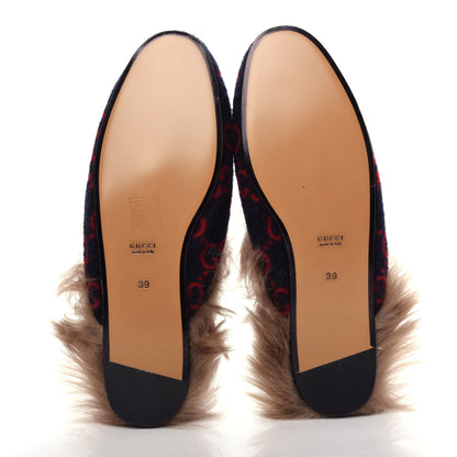 Gucci Covered Wool Big GG Monogram Fur Womens Princetown Slippers 39 Blue Red Butterscotch 6 of 11