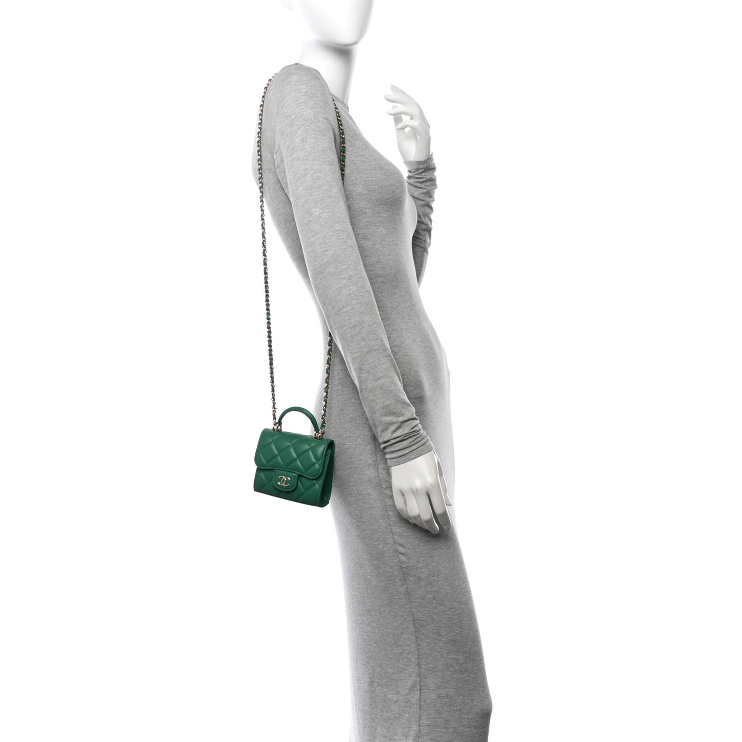 Lambskin Quilted Top Handle Flap Clutch With Chain Green