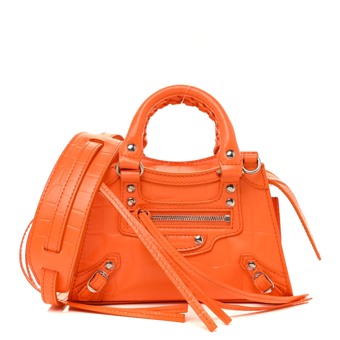 Semi Shiny Calfskin Crocodile Embossed Neo Classic Silver Hardware Nano City Crossbody Orange