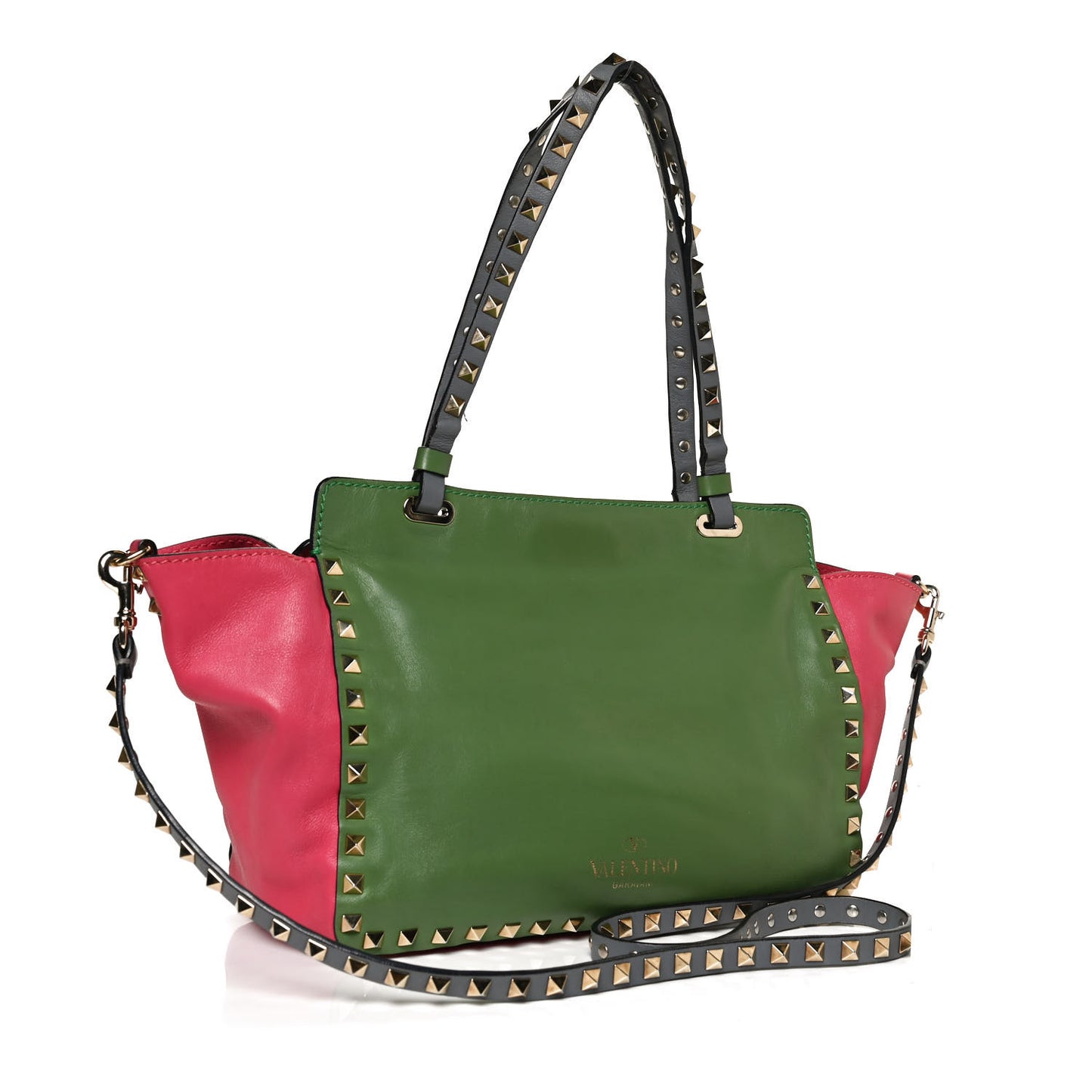 Vitello Colorblock Small Rockstud Tote Deep Rose Clover Grey Scarlet