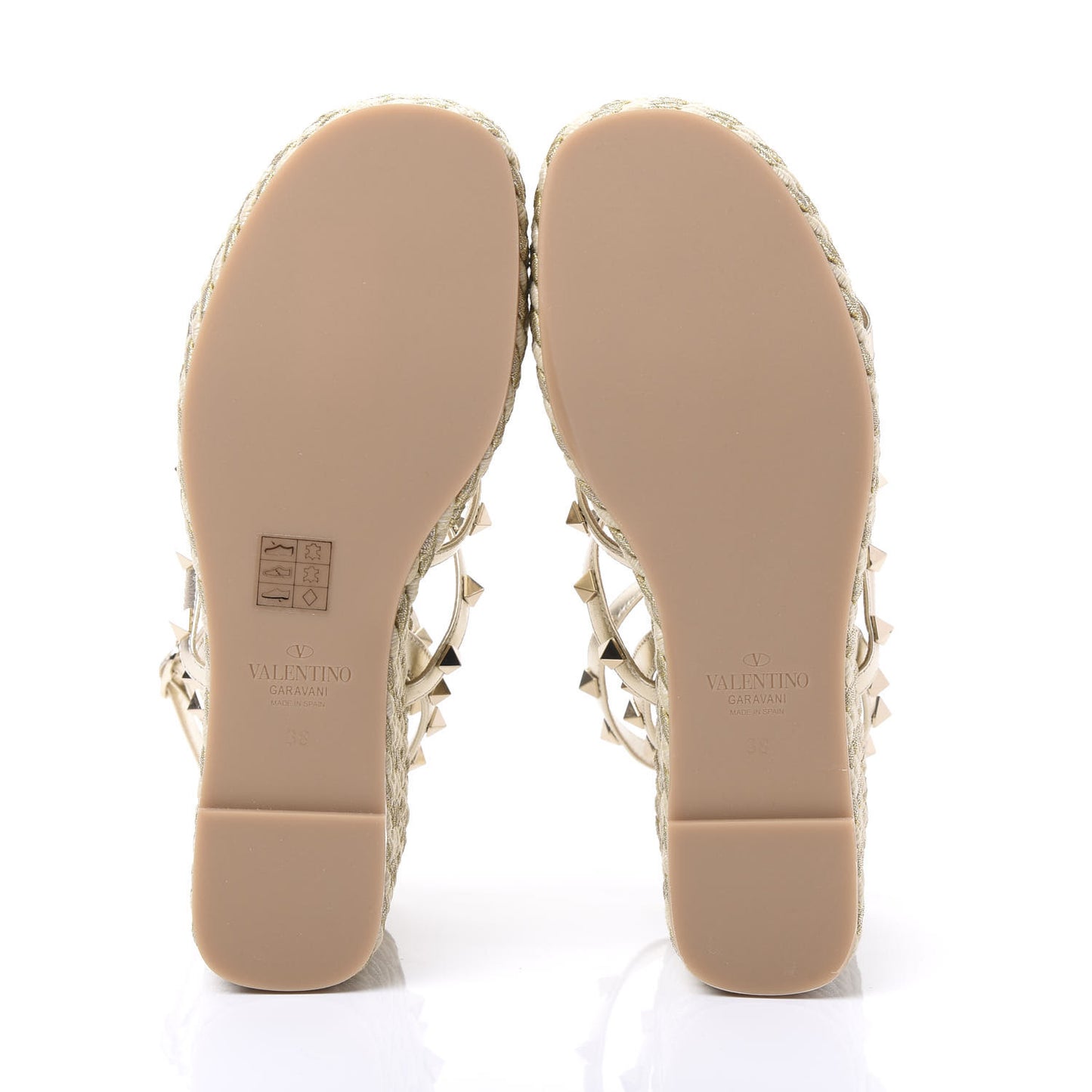 Metallic Nappa Rockstud Ankle Strap Torchon Espadrille Caged 25/95mm Wedge Sandals 38 Platino