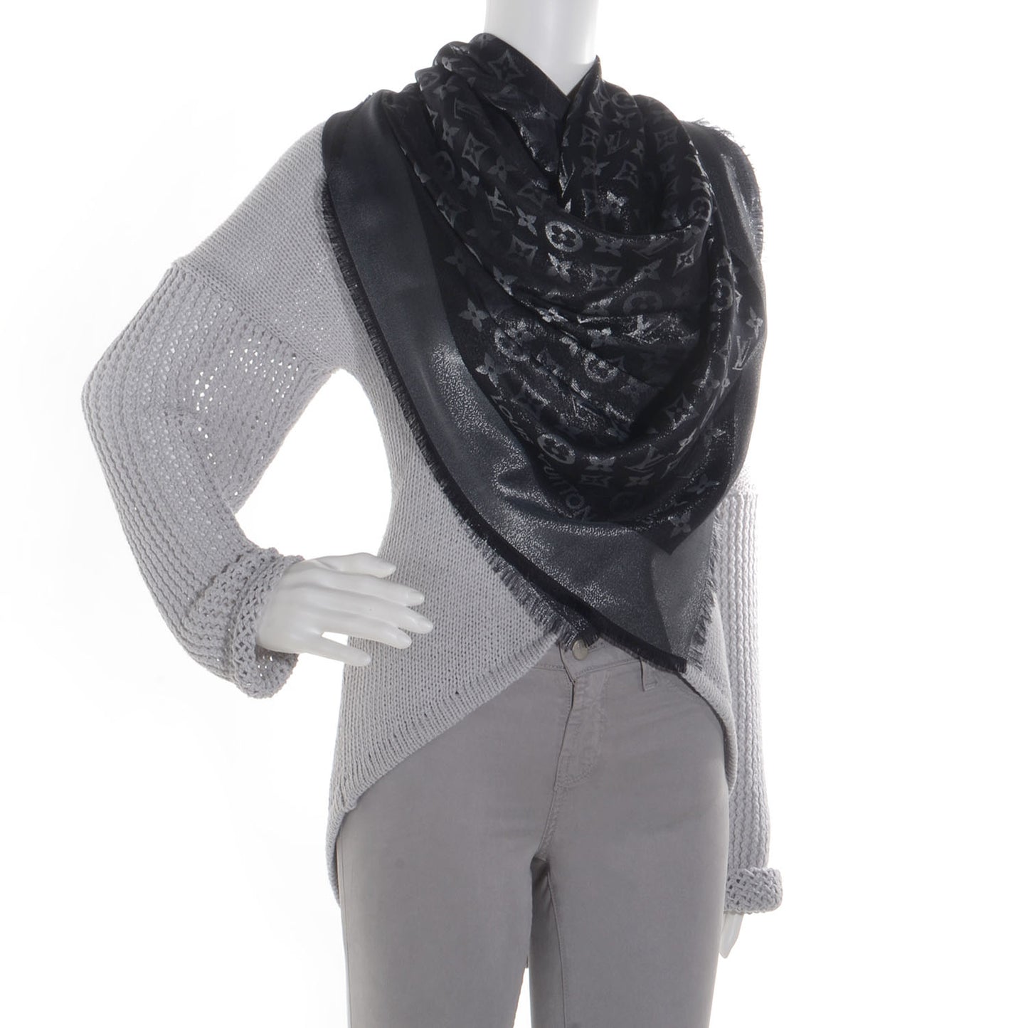 Silk Lurex Wool Monogram Shine Shawl Black