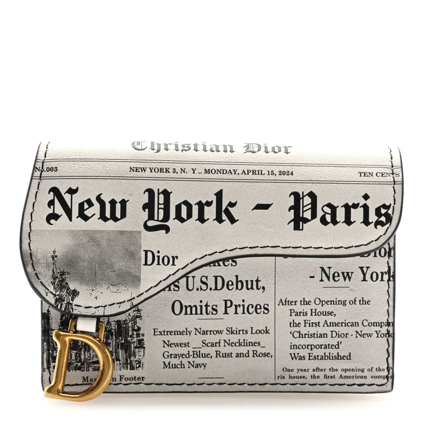 Christian Dior Calfskin Newspaper Printed Saddle Bloom Card Holder White Black 1 of 6