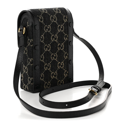 Gucci Jacquard Black Denim GG Monogram Textured Dollar Calfskin Mini Horsebit 1955 Crossbody Bag Black Ivory 3 of 10