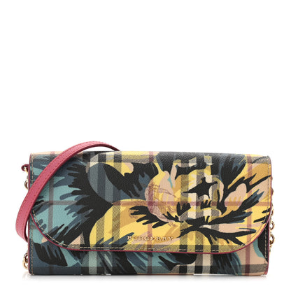 Burberry Haymarket Check Floral Print Henley Wallet On Chain Plum Pink Pewter Blue 1 of 8