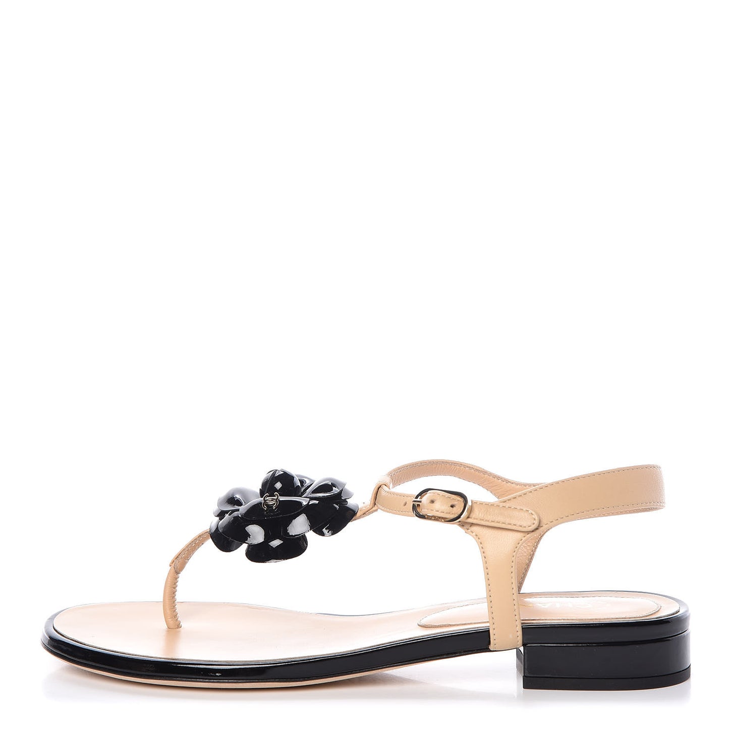 Lambskin Camellia Thong Sandals 37.5 Beige Black