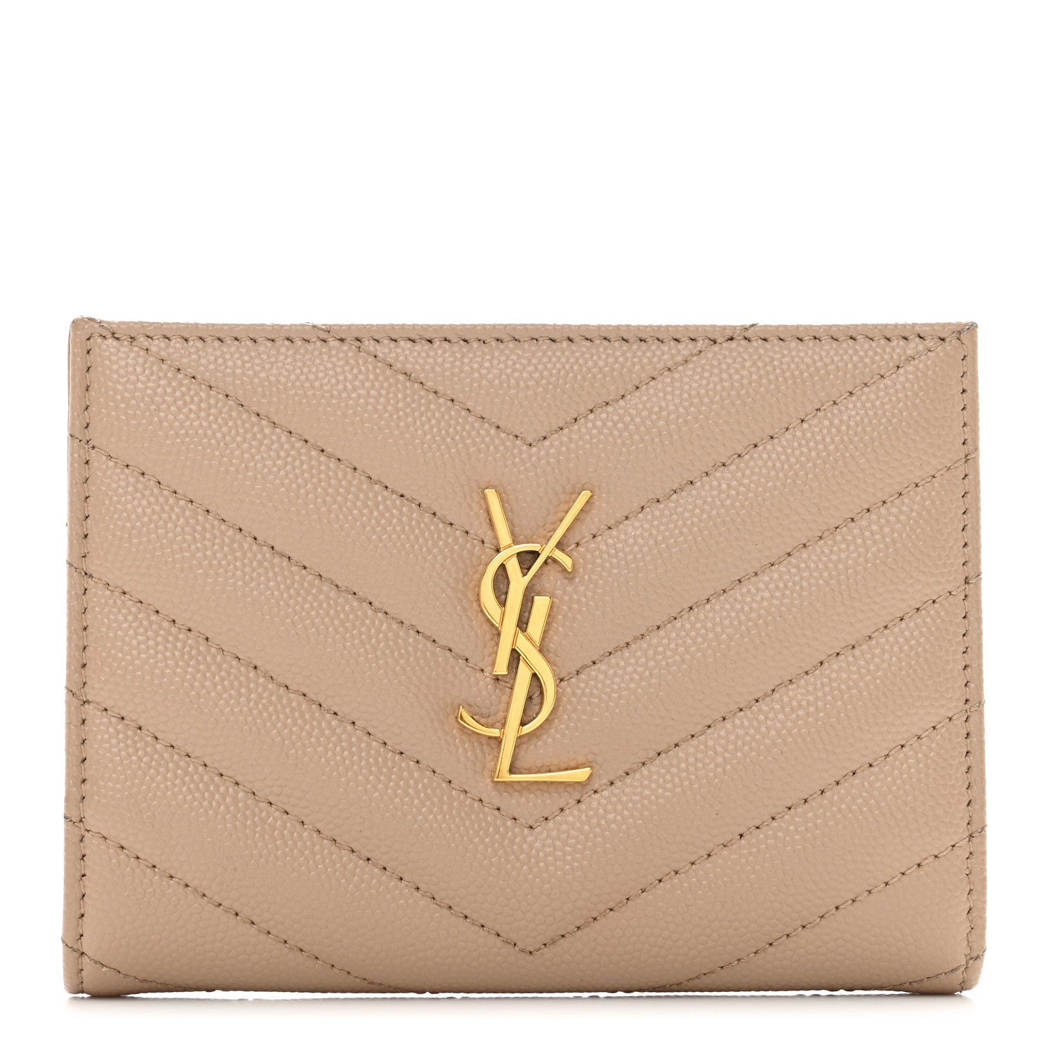 Saint Laurent Grain De Poudre Matelasse Chevron Monogram Zipped Two-Part Wallet Dark Beige 1 of 6