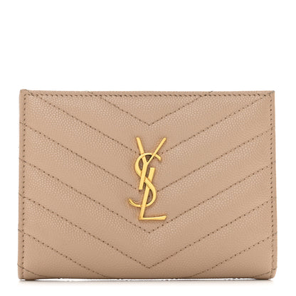 Saint Laurent Grain De Poudre Matelasse Chevron Monogram Zipped Two-Part Wallet Dark Beige 1 of 6