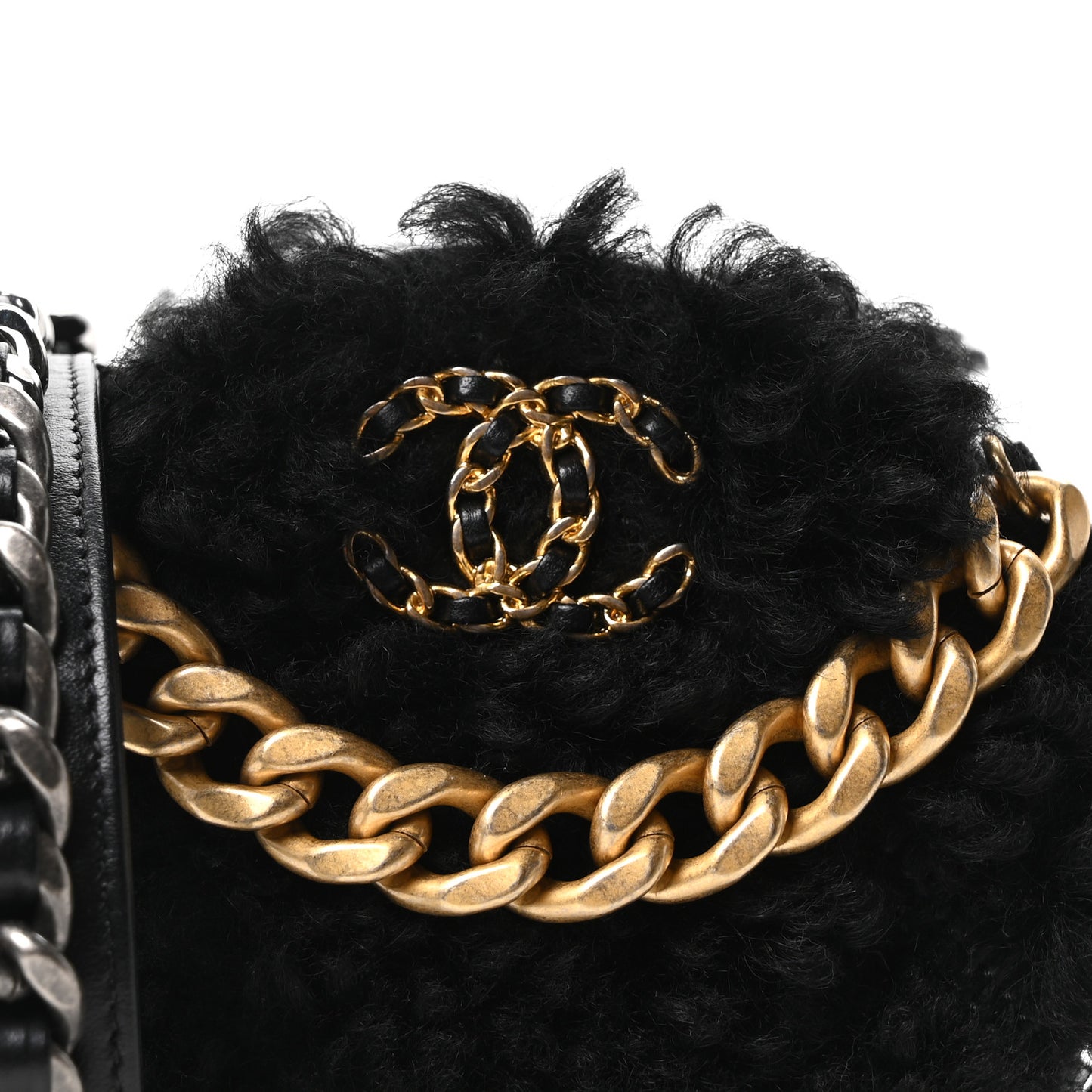 Shearling Sheepskin Chanel 19 Round Clutch With Chain Black