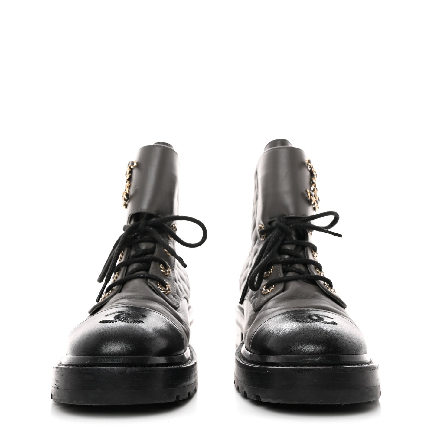 Shiny Lambskin Quilted Lace Up Combat Boots 38 Grey Black