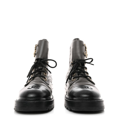 Chanel Shiny Lambskin Quilted Lace Up Combat Boots 38 Grey Black 2 of 8