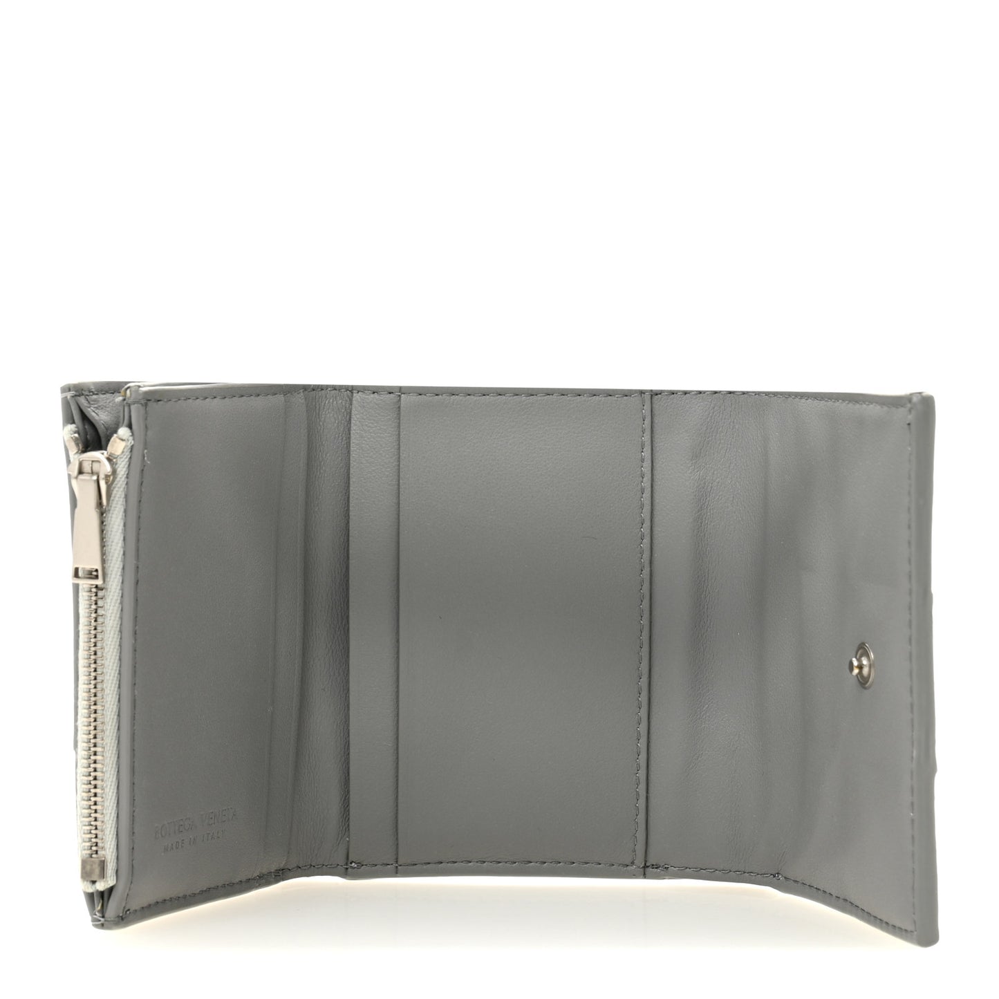Metallic Patent Calfskin Maxi Intrecciato Cassette Tri-Fold Wallet Silver