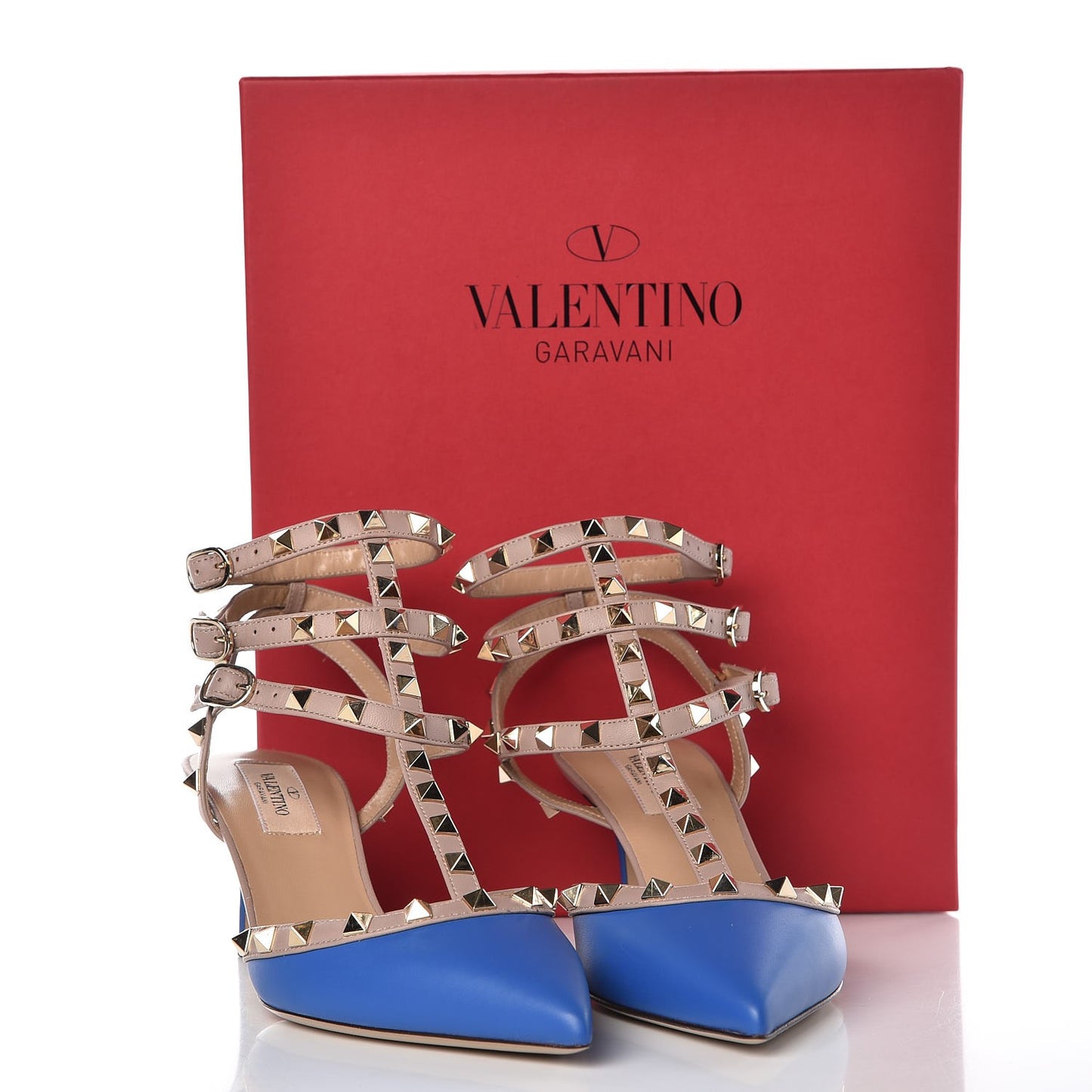 Calfskin Nappa Rockstud Ankle Strap 65mm Pumps 38.5 Light Sapphire Poudre
