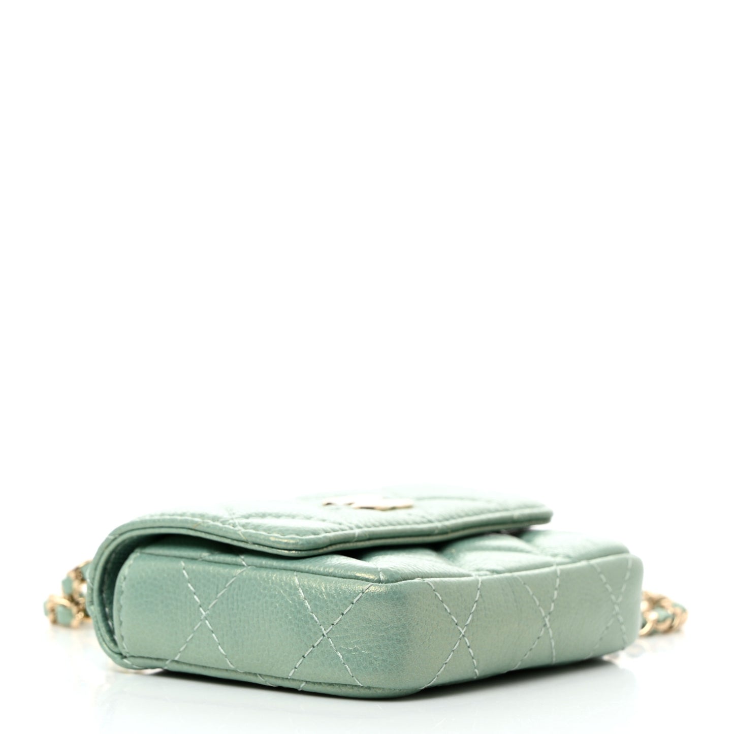 Iridescent Caviar Quilted Pearl On Top Coin Purse With Chain Light Green
