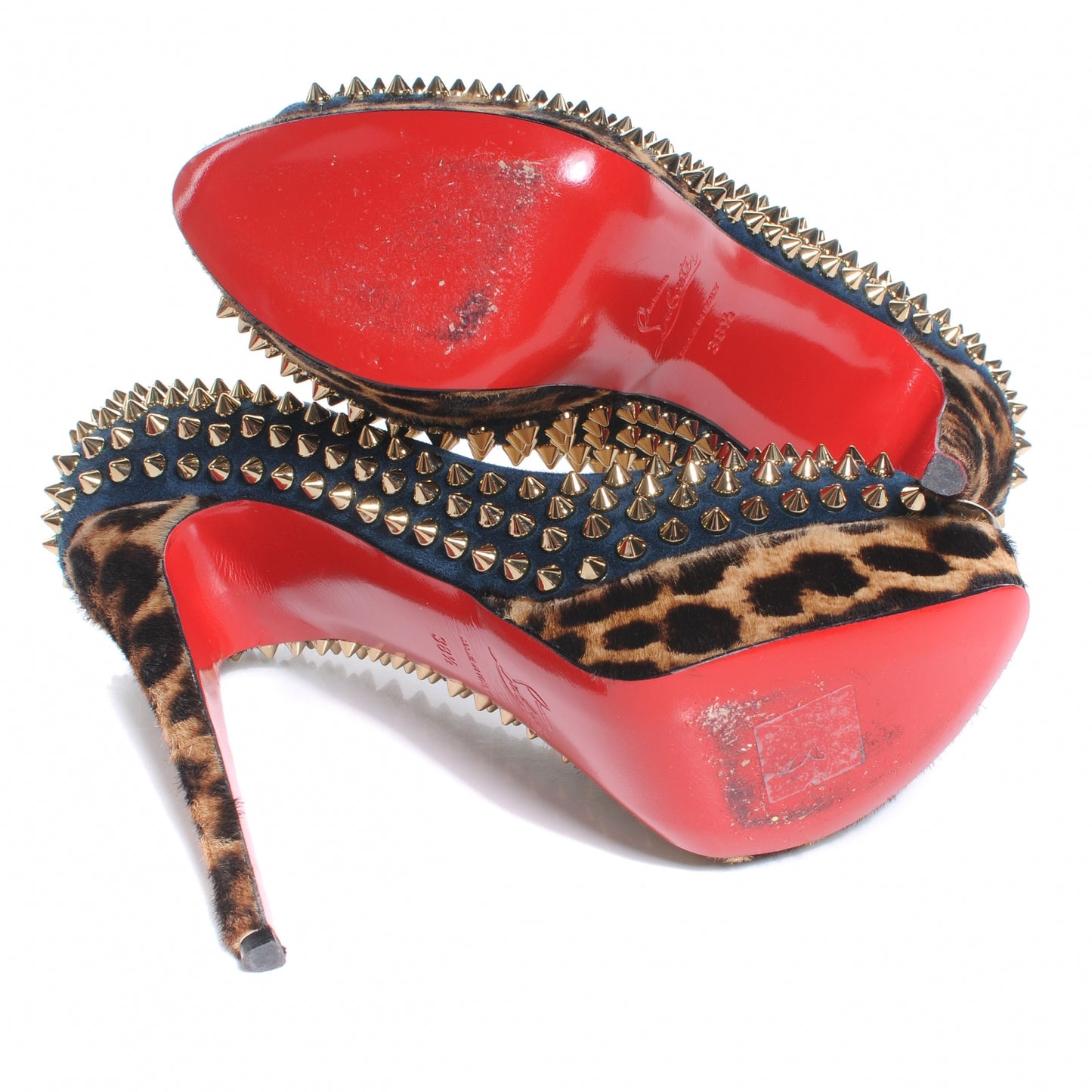 Veau Velours Calf Hair Leopard Lady Peep Spikes VIP 150 Pumps 38.5 Blue Khol Bronze