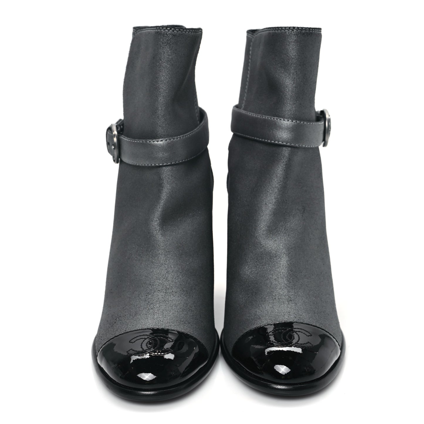 Suede Kidskin Patent Cap Toe Interlocking CC Ankle Boots 39 Dark Silver Black