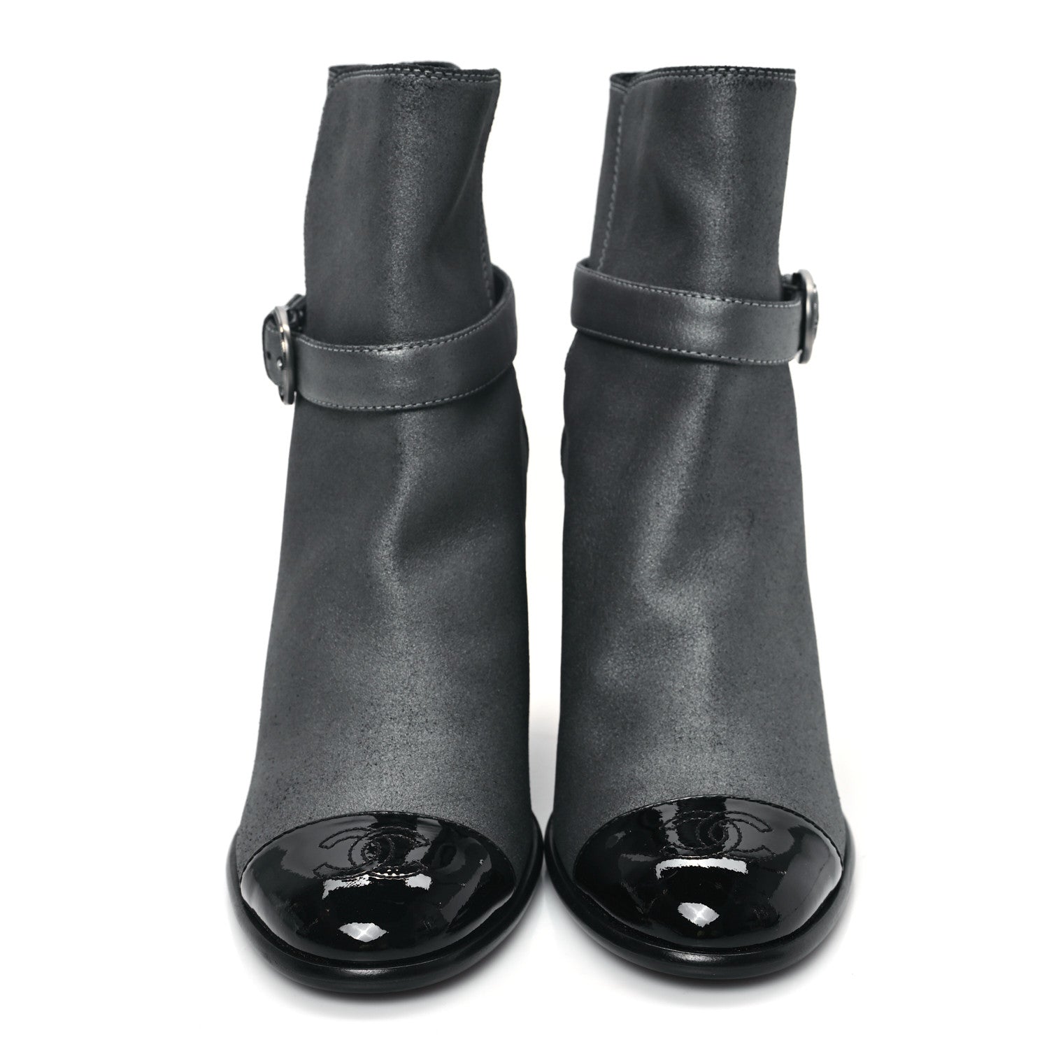 Chanel Suede Kidskin Patent Cap Toe Interlocking CC Ankle Boots 39 Dark Silver Black 2 of 9