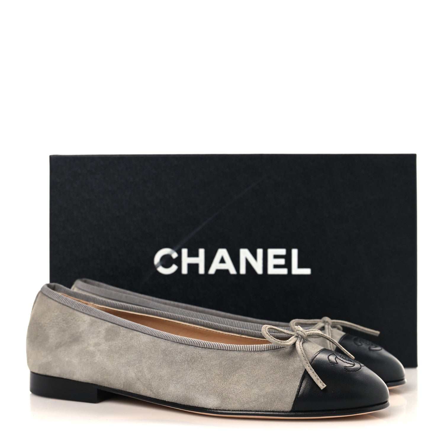 Chanel Suede Lambskin Cap Toe CC Ballerina Flats 37 Dark Grey Black 10 of 10