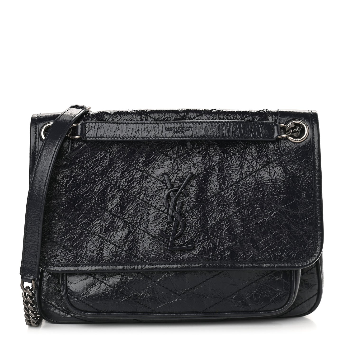 Crinkled Calfskin Matelasse Monogram Medium Niki Chain Satchel Deep Marine