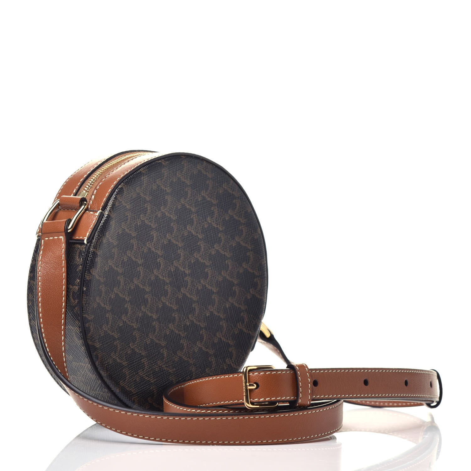 Celine Triomphe Canvas Embroidered Logo Round Purse On Strap Black Tan 3 of 9