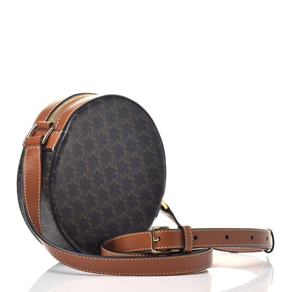 Celine Triomphe Canvas Embroidered Logo Round Purse On Strap Black Tan 3 of 9