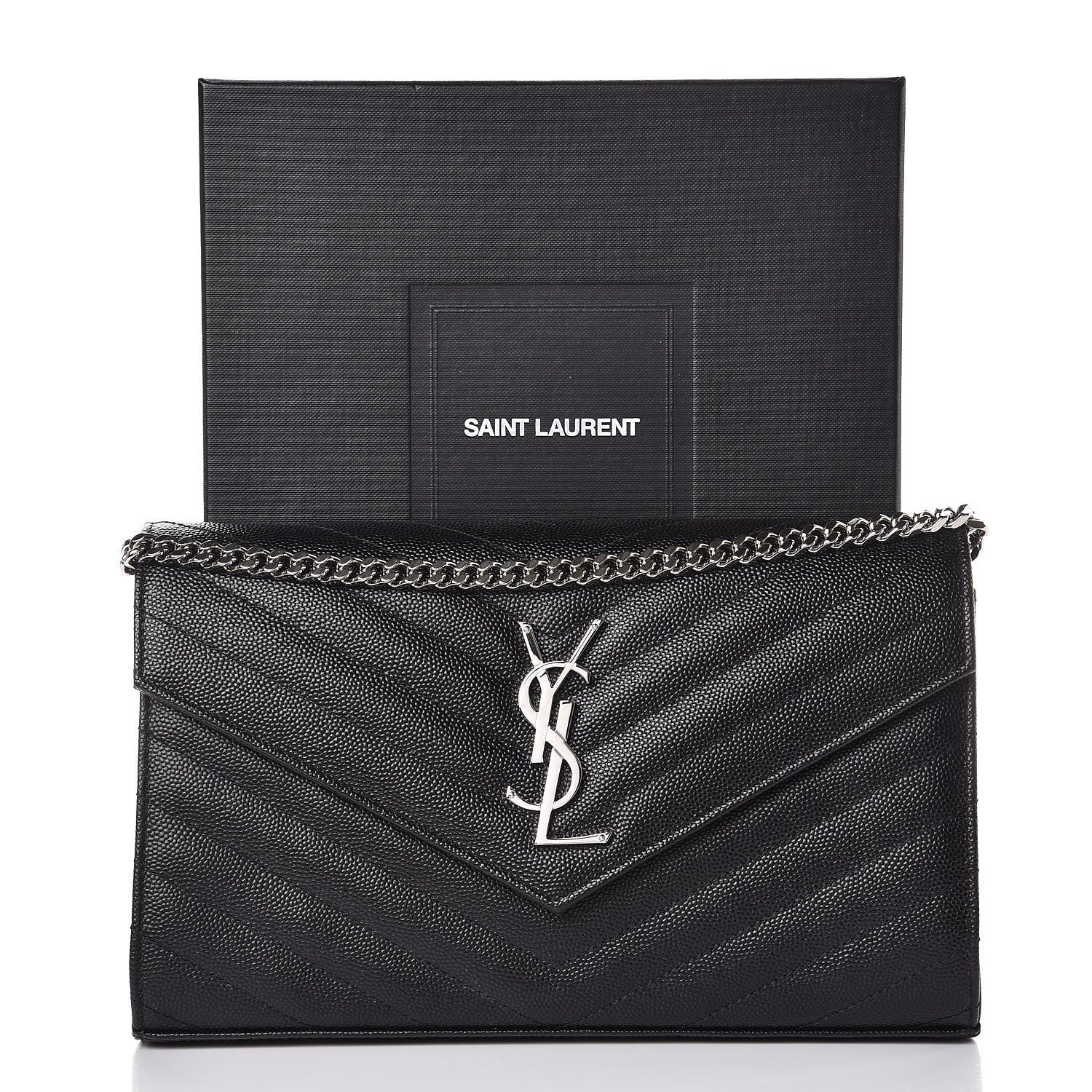 Saint Laurent Grain De Poudre Matelasse Chevron Monogram Chain Wallet Black 6 of 6