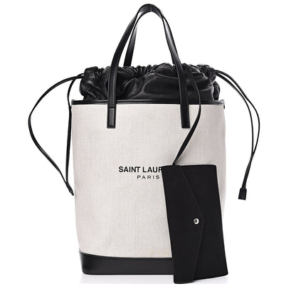 Saint Laurent Canvas Calfskin Teddy Drawstring Shopping Tote White Black 1 of 16