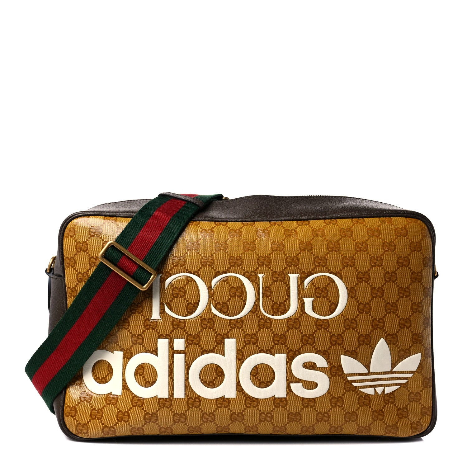 Gucci X ADIDAS Crystal Vintage Monogram Textured Dollar Calfskin Web Trefoil Logo Medium Messenger Bag Mid Natural Nut Off White New Acero 2 of 11