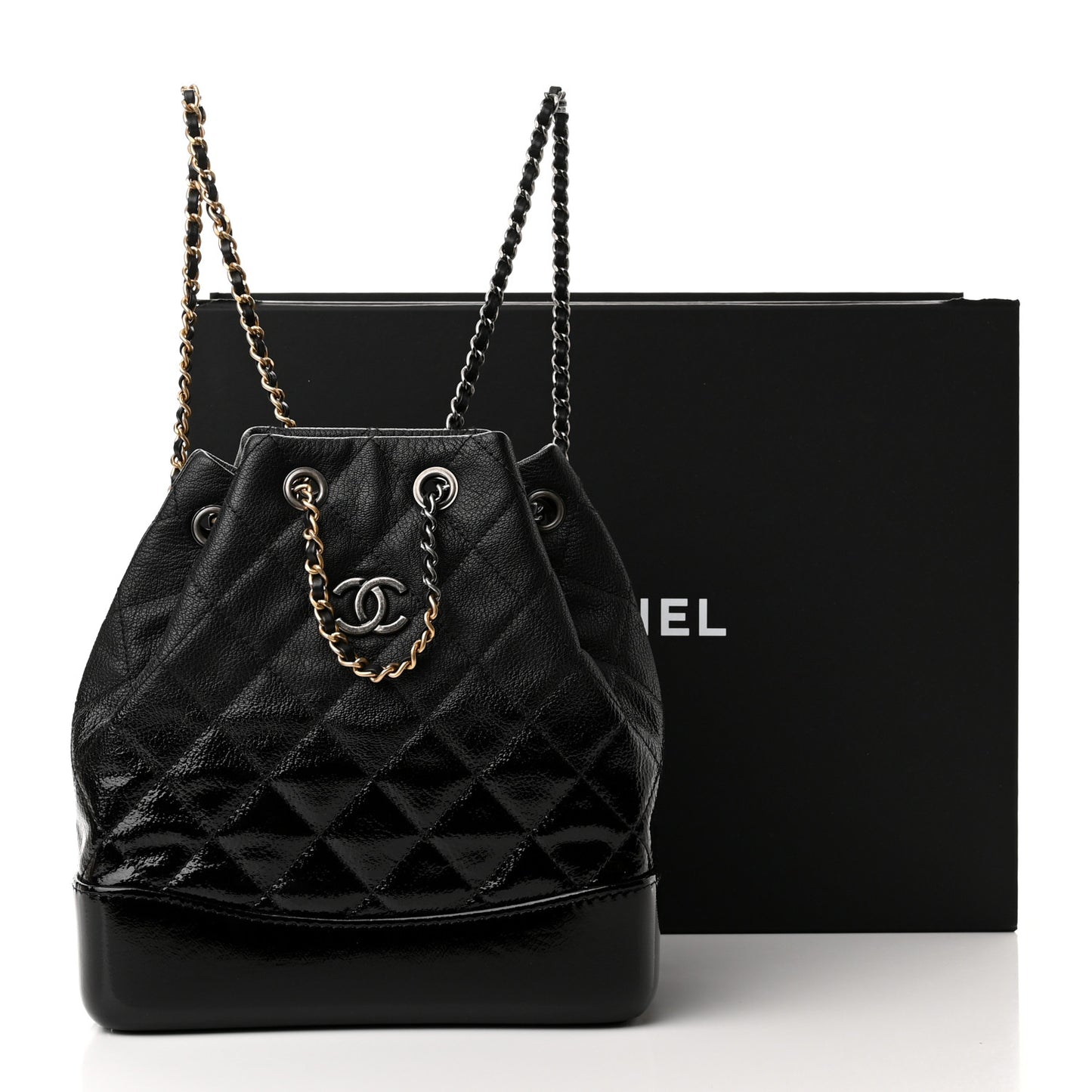 Patent Goatskin Quilted Small Gabrielle Backpack Black