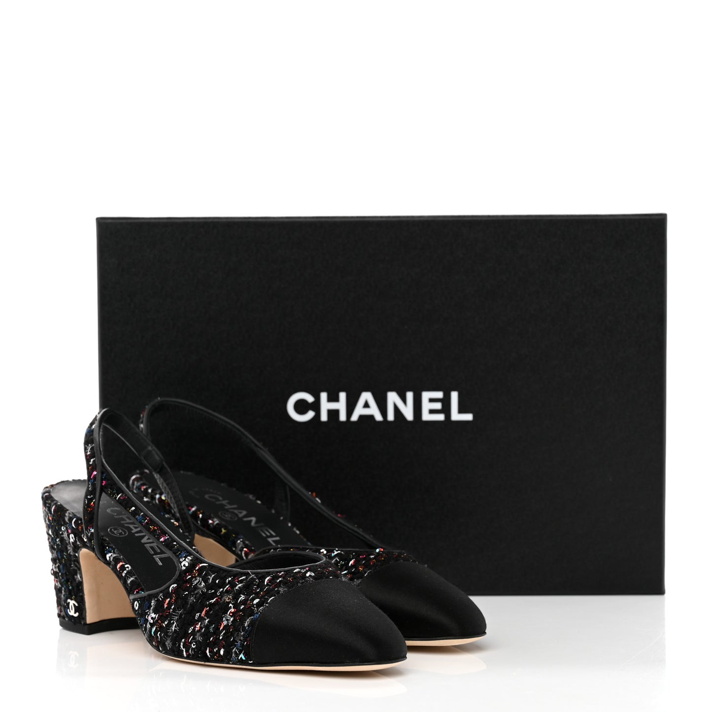 Tweed Lambskin Sequin Cap Toe CC Slingback Pumps 36.5 Black