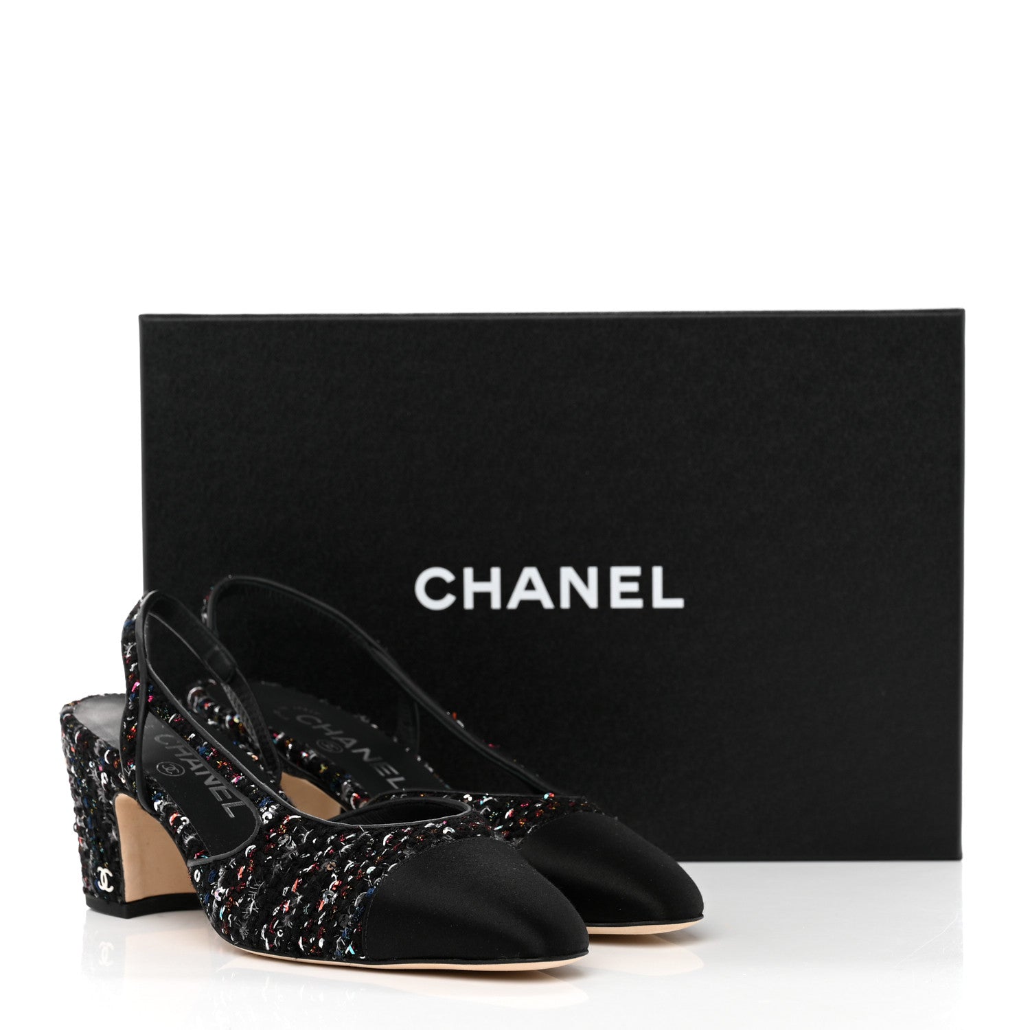 Chanel Tweed Lambskin Sequin Cap Toe CC Slingback Pumps 36.5 Black 9 of 9