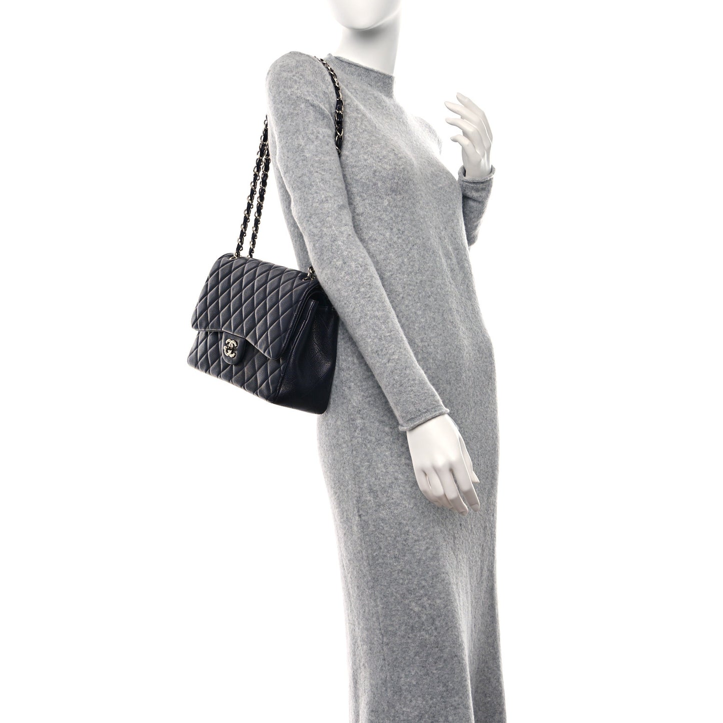 Caviar Quilted Jumbo Double Flap Navy Blue