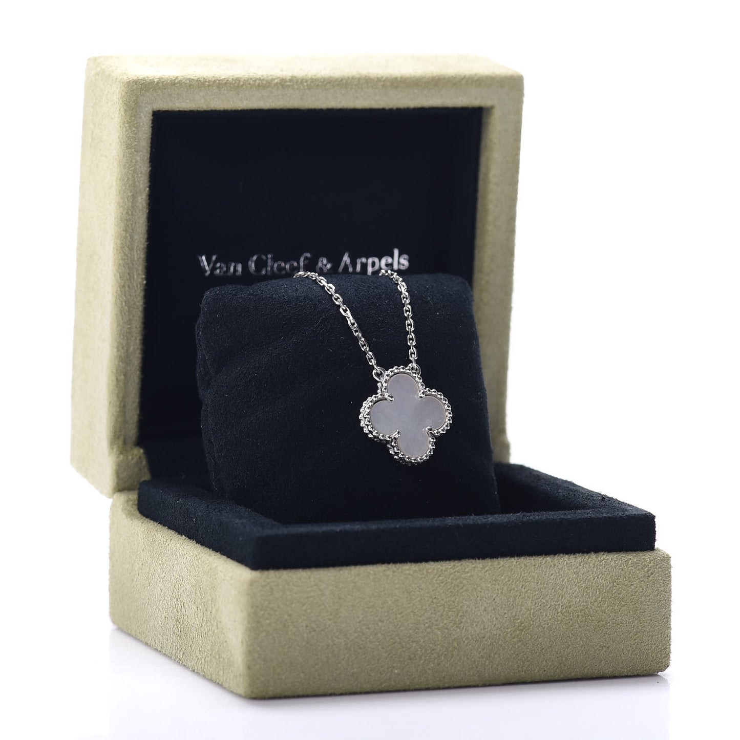 18K White Gold Mother of Pearl Vintage Alhambra Pendant Necklace