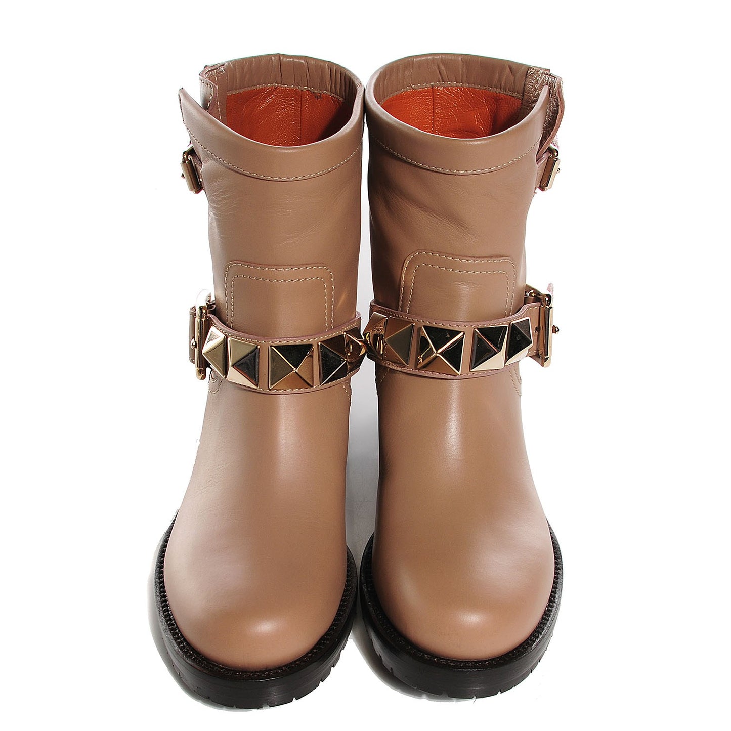 Calfskin Lock Studded Biker Boots 36.5 Beige