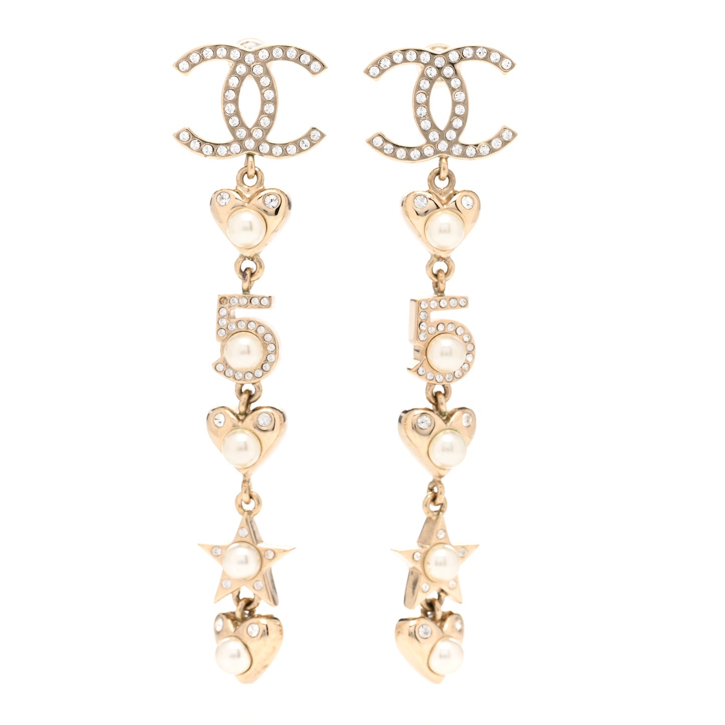 Crystal Pearl Charming Winter CC Star Heart Drop Earrings Gold