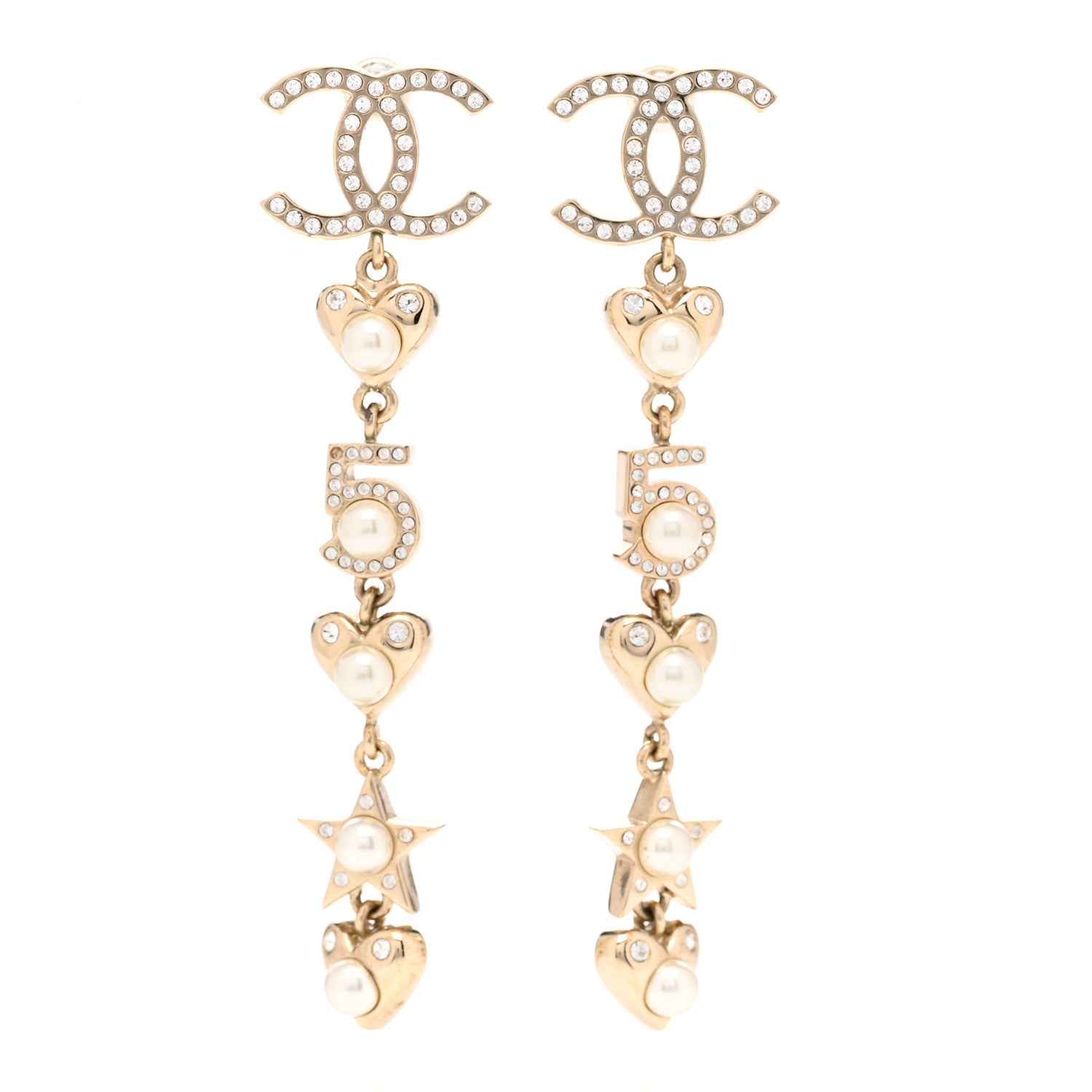 Chanel Crystal Pearl Charming Winter CC Star Heart Drop Earrings Gold 1 of 4