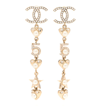 Chanel Crystal Pearl Charming Winter CC Star Heart Drop Earrings Gold 1 of 4