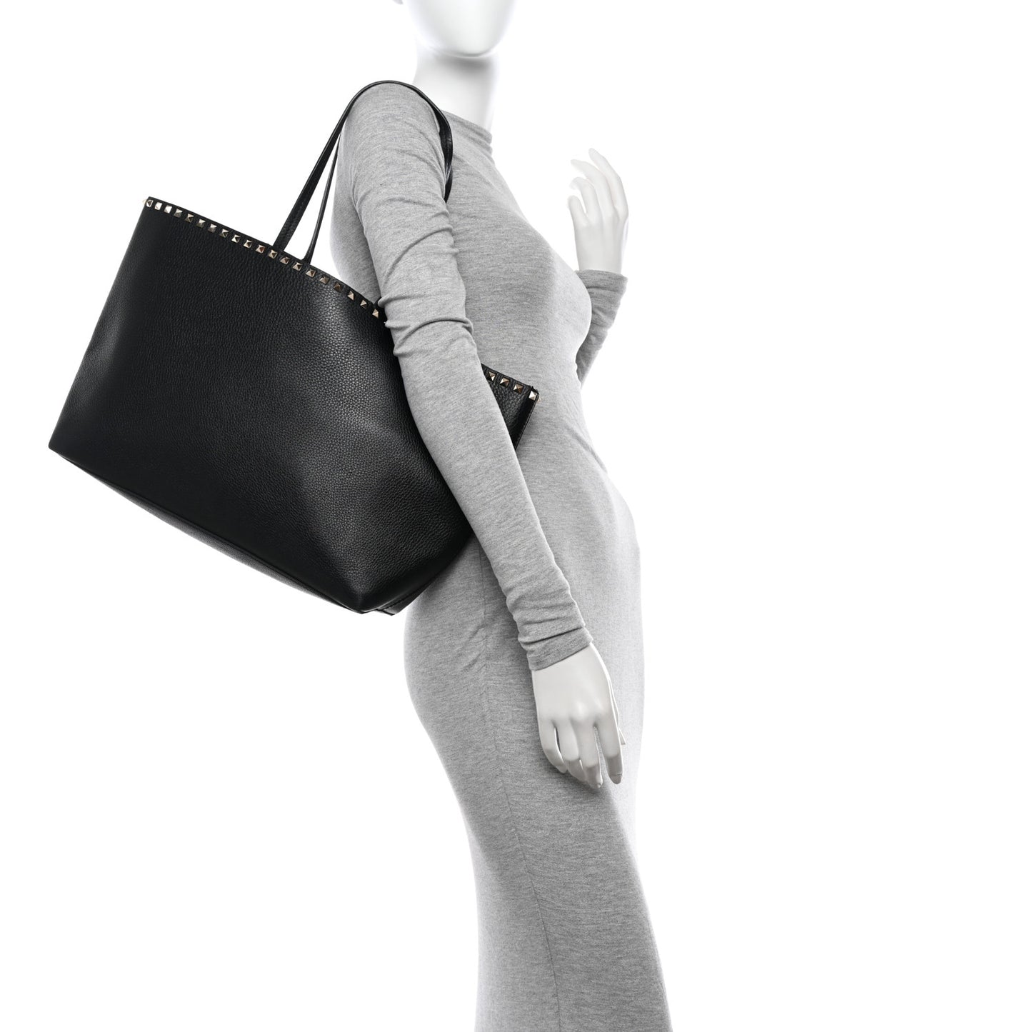 Grained Calfskin Rockstud Shoulder Tote Black