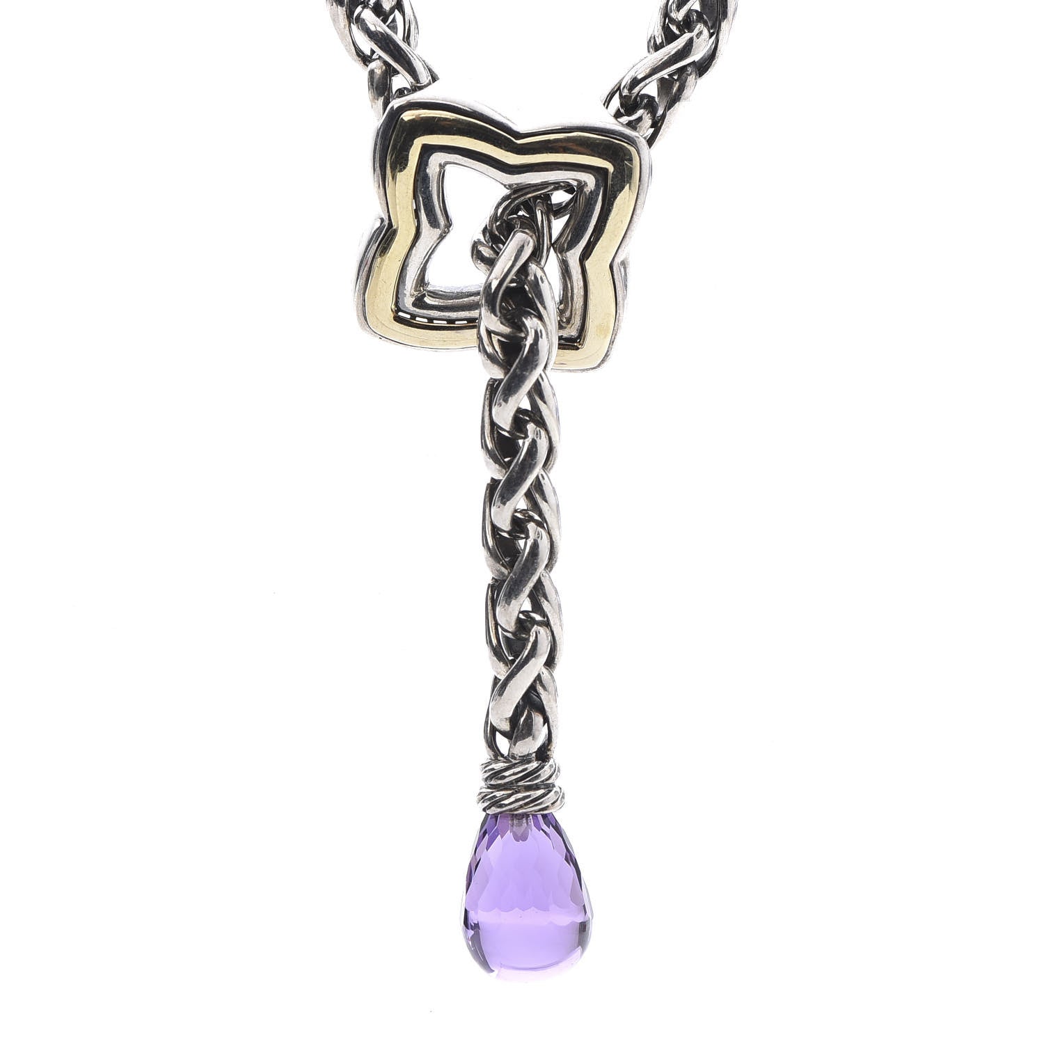 David Yurman Sterling Silver 18K Yellow Gold Amethyst Quatrefoil Lariat Wheat Chain Necklace 4 of 6
