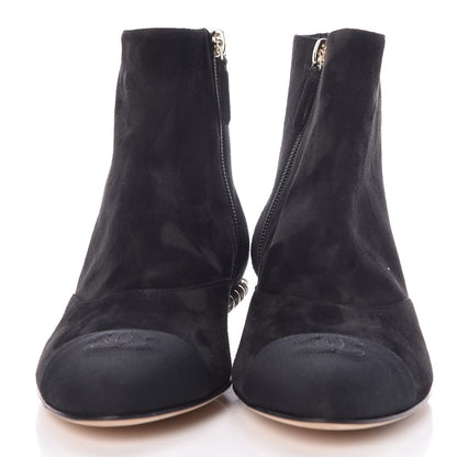 Chanel Suede Calfskin Pearl Cap Toe Short Boots 38 Black 2 of 8