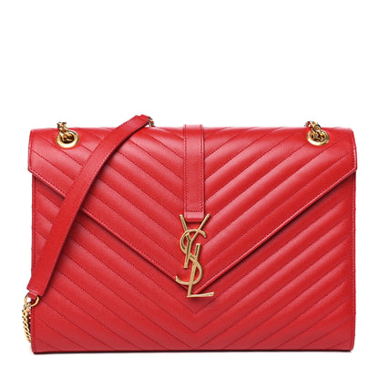 Saint Laurent Grain De Poudre Matelasse Chevron Large Monogram Satchel Lipstick Red 1 of 4